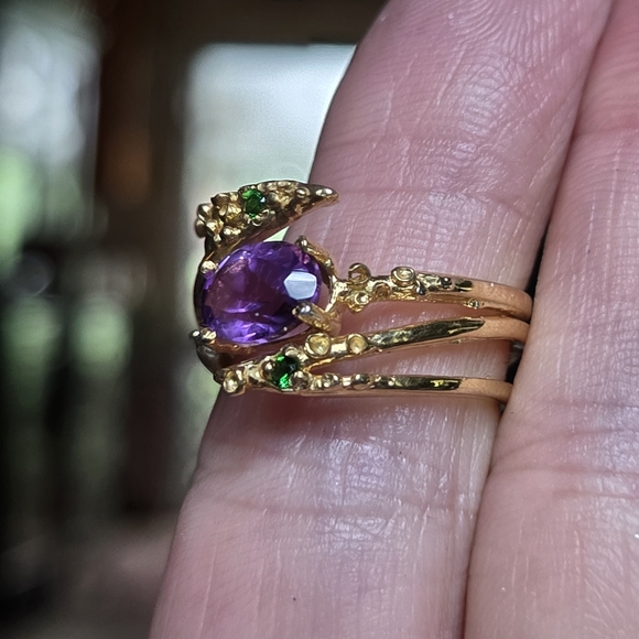 Amethyst cushion cut 5k & chrome diopside sterling & gold ring sz6.5 - Picture 5 of 8